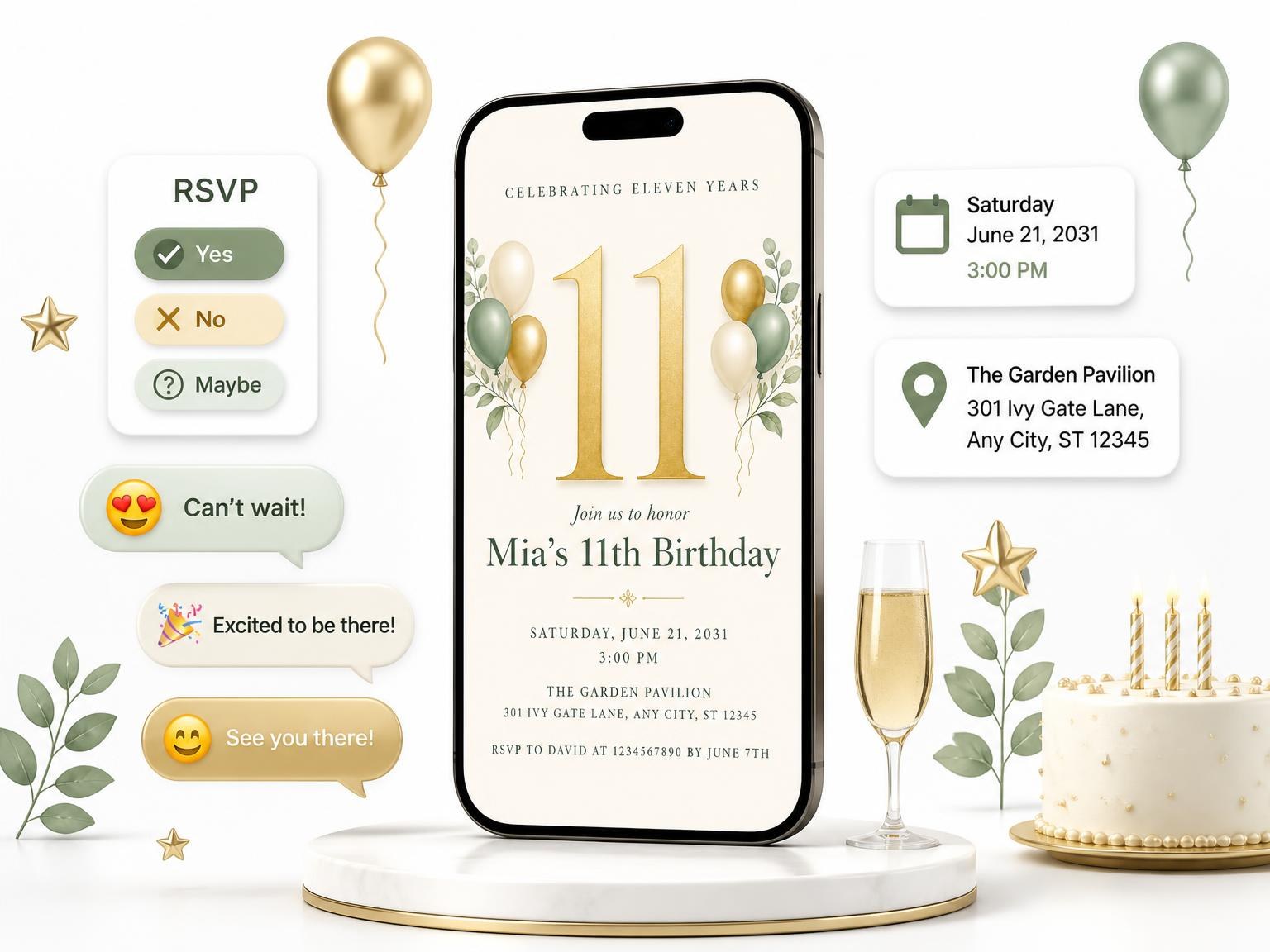 The Sage and Ivory 11th Birthday Invitation invitation on a phone, with guest RSVPs arriving around it