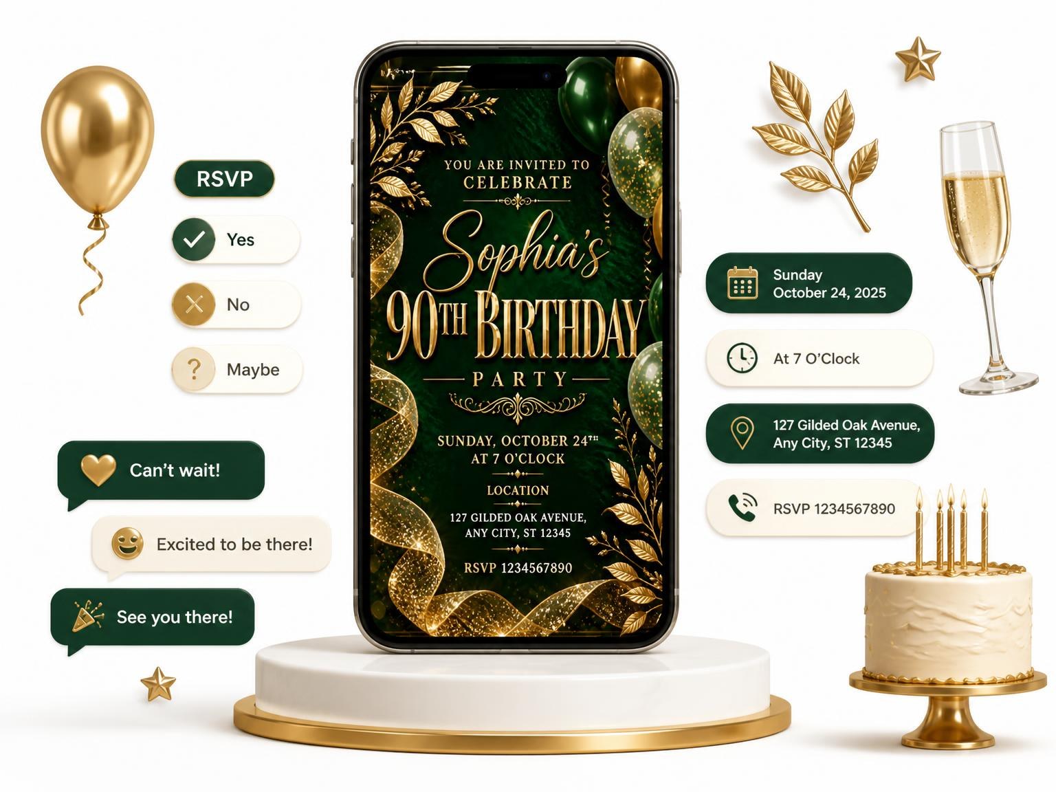 The Emerald and Champagne 90th Birthday Invitation invitation on a phone, with guest RSVPs arriving around it