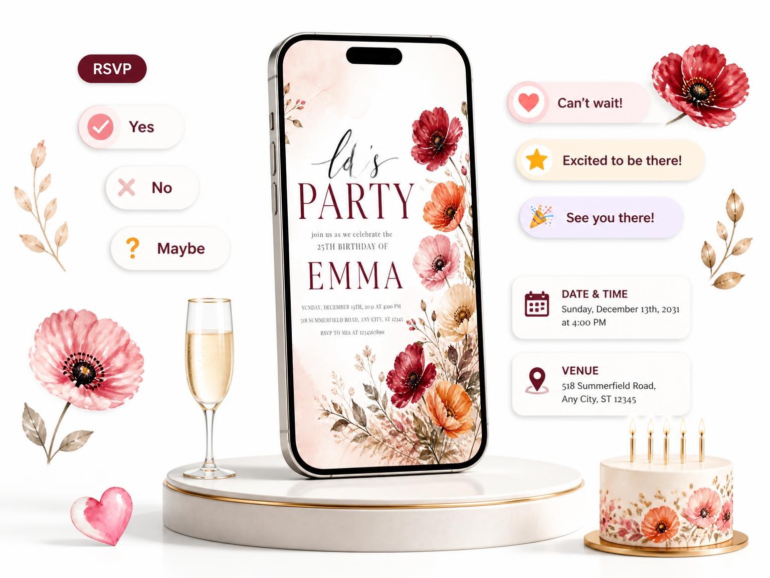 The Poppies Wildflowers Autumn 25th Birthday Invitation invitation on a phone, with guest RSVPs arriving around it