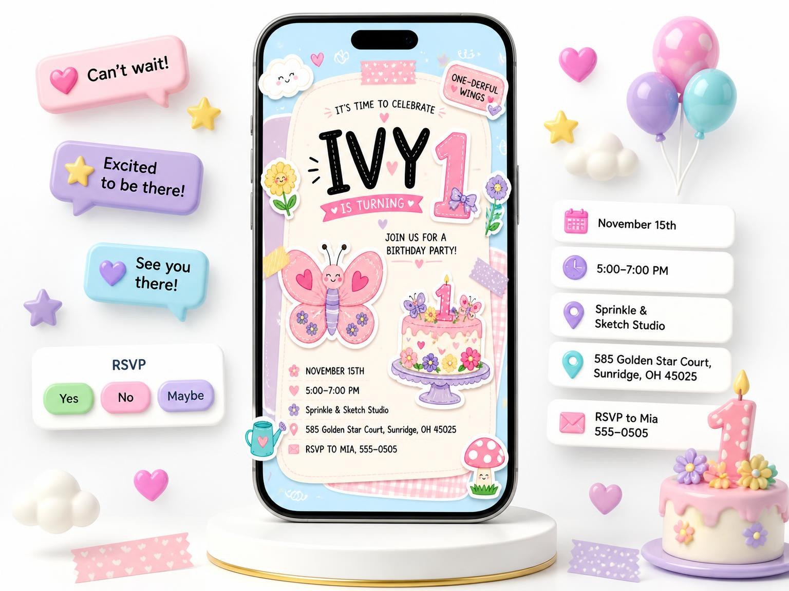 The Pink Butterfly Pastel 1st Birthday Invitation invitation on a phone, with guest RSVPs arriving around it