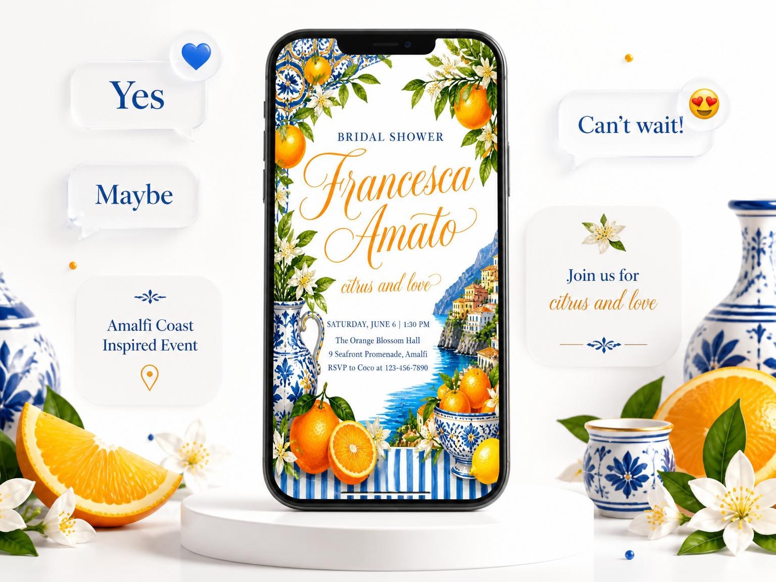 The Amalfi Citrus Ceramic Bridal Shower invitation on a phone, with guest RSVPs arriving around it