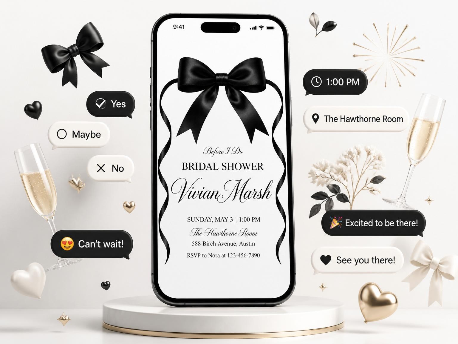 The Black Satin Bow Bridal Shower invitation on a phone, with guest RSVPs arriving around it