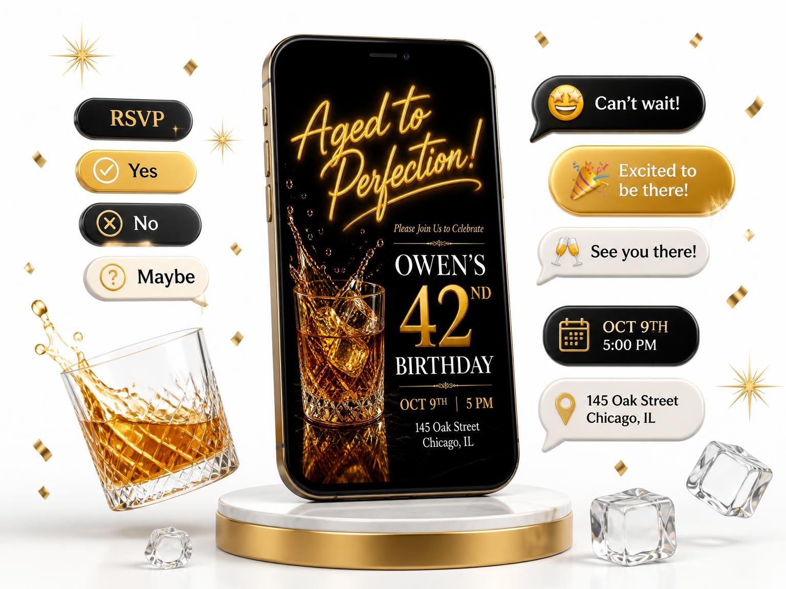 The Whiskey Rocks 42nd Birthday Invitation invitation on a phone, with guest RSVPs arriving around it