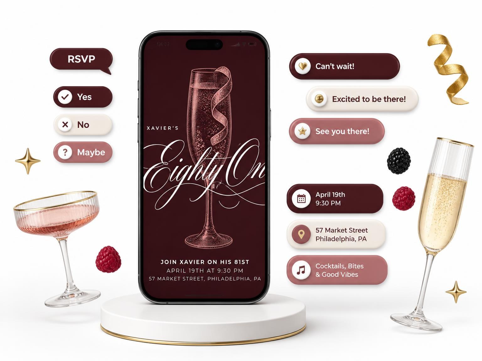 The Burgundy Cocktail 81st Birthday Invitation invitation on a phone, with guest RSVPs arriving around it