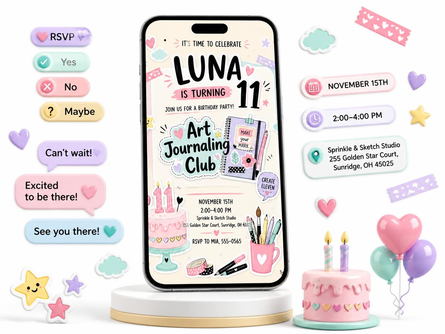 The Art Notebook Pastel 11th Birthday Invitation invitation on a phone, with guest RSVPs arriving around it