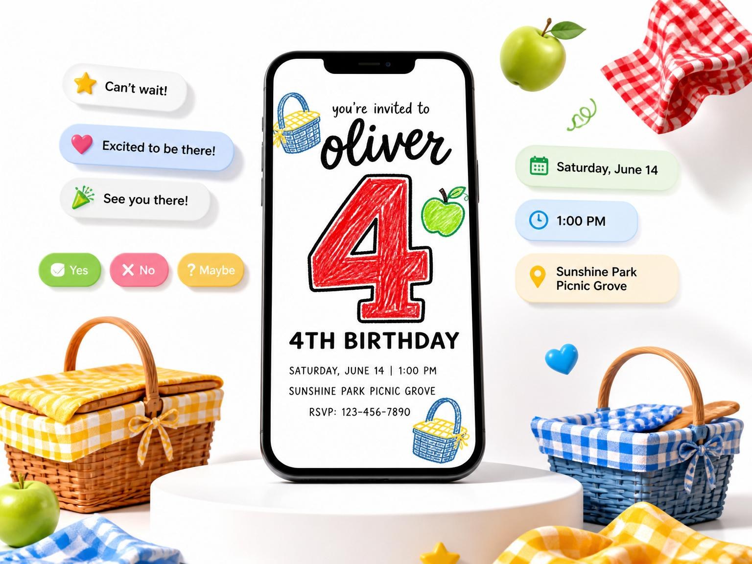 The Crayon Picnic Basket 4th Birthday Invitation invitation on a phone, with guest RSVPs arriving around it