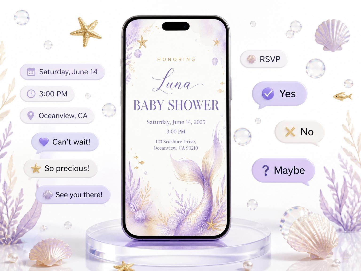 The Lavender Watercolor Mermaid Baby Shower invitation on a phone, with guest RSVPs arriving around it