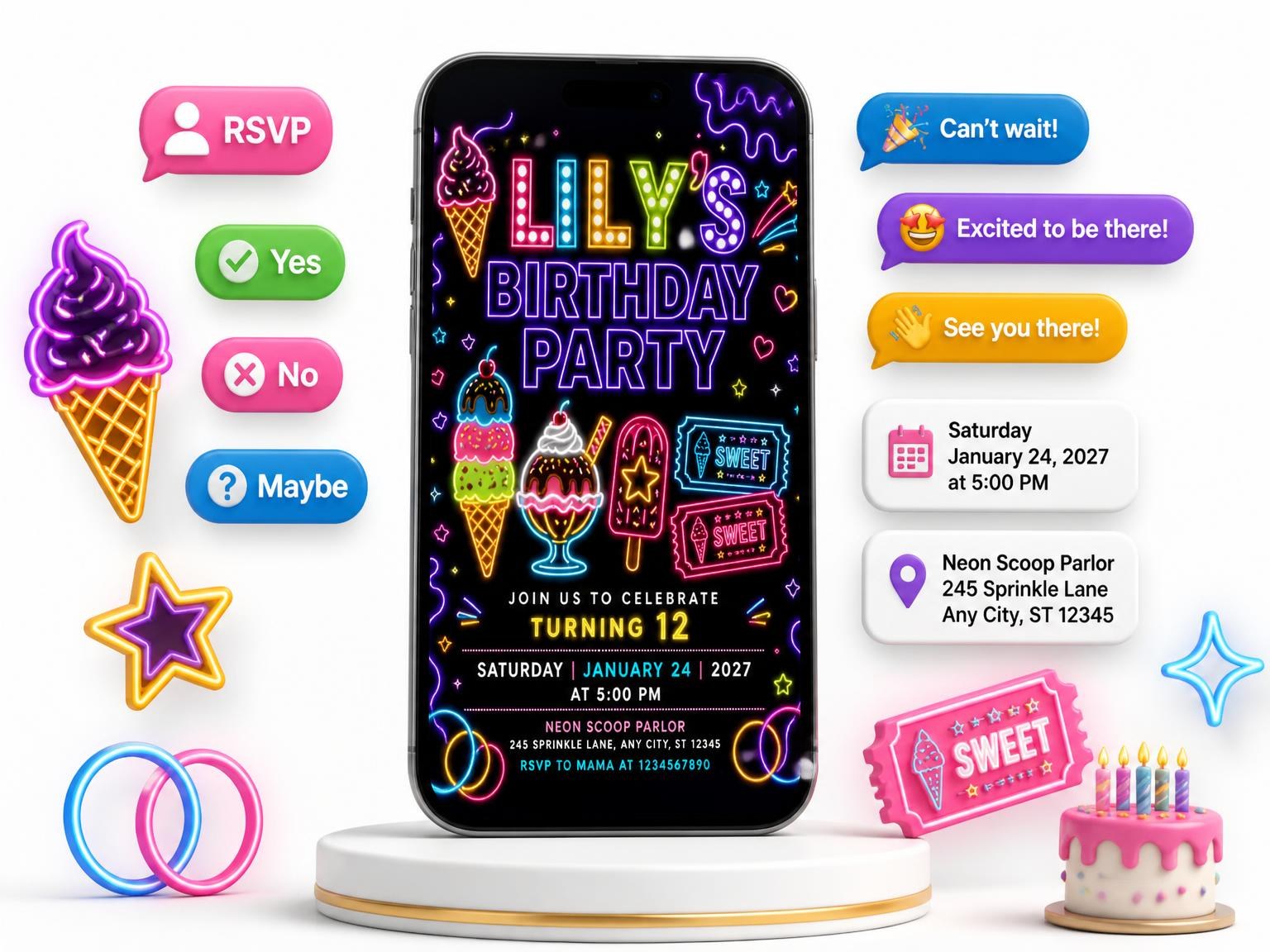 The Neon Ice Cream 12th Birthday Invitation invitation on a phone, with guest RSVPs arriving around it
