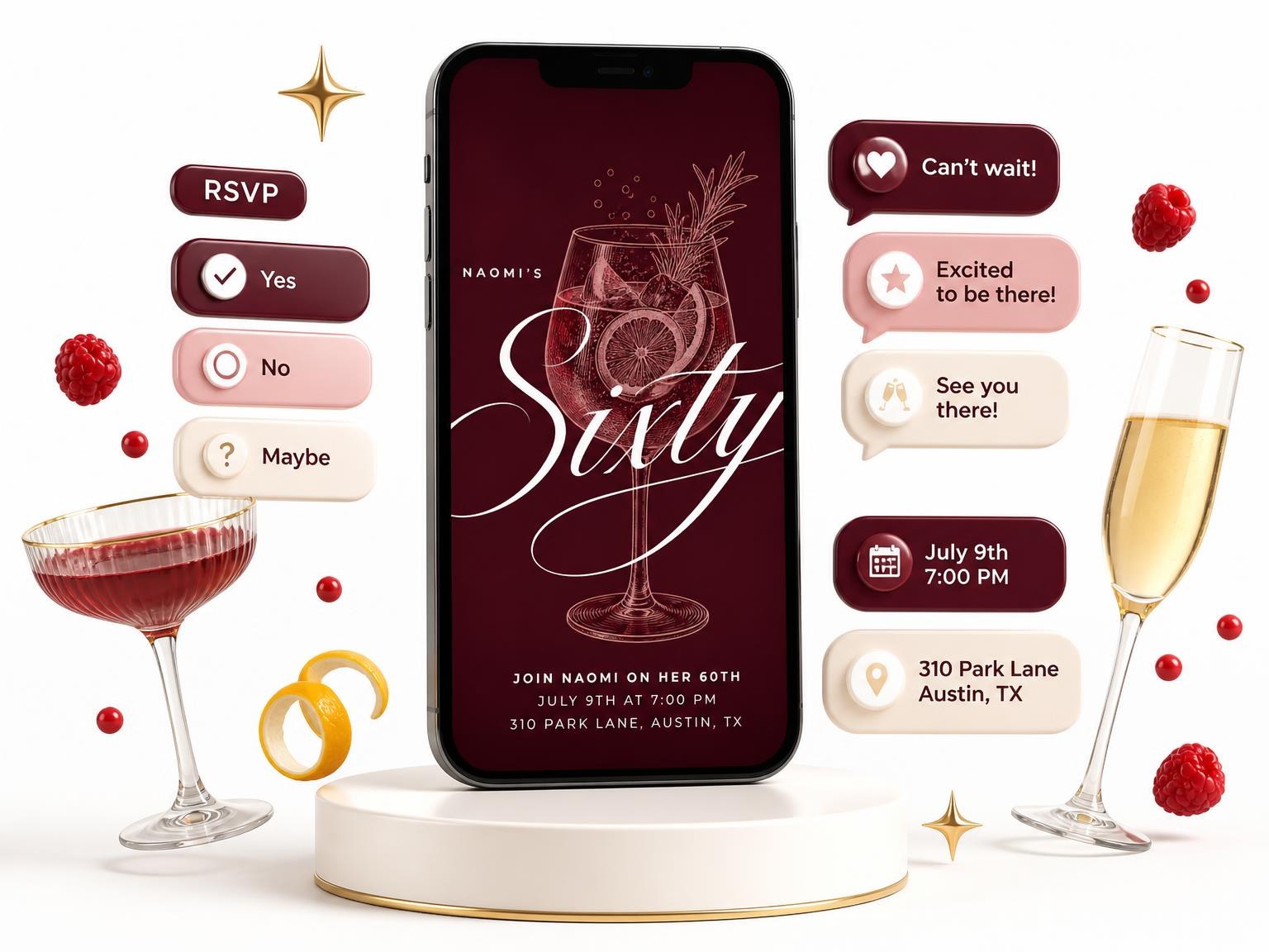 The Burgundy Cocktail 60th Birthday Invitation invitation on a phone, with guest RSVPs arriving around it