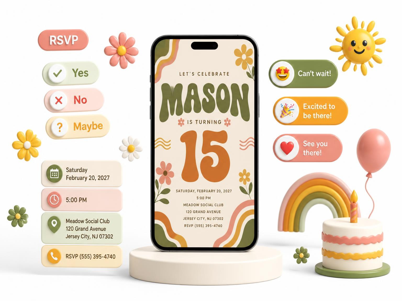 The Groovy Retro 15th Birthday Invitation invitation on a phone, with guest RSVPs arriving around it