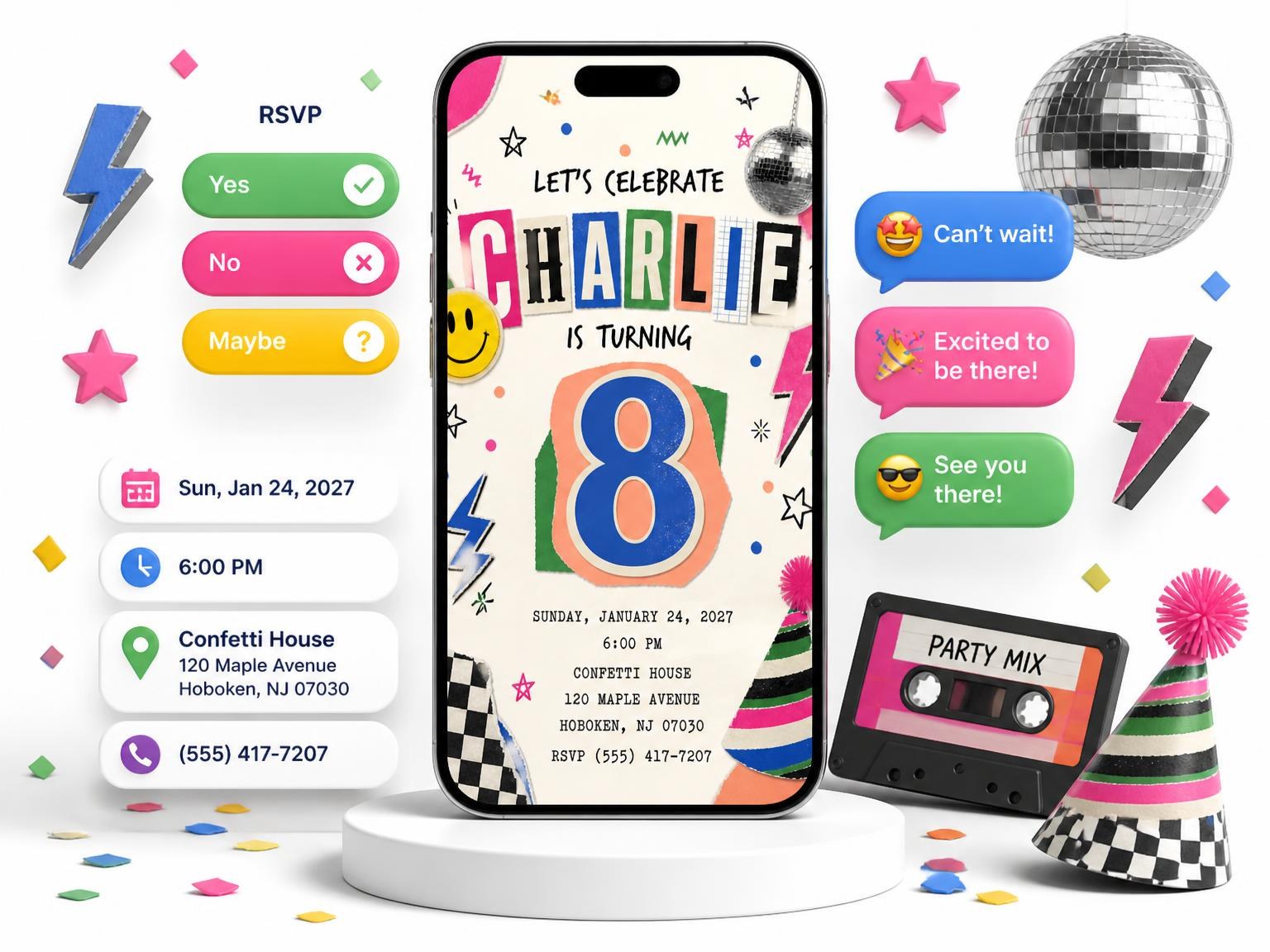 The Retro Paper Collage 8th Birthday Invitation invitation on a phone, with guest RSVPs arriving around it