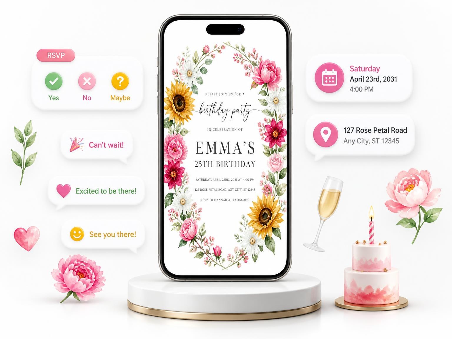 The Fuchsia Oval Wreath 25th Birthday Invitation invitation on a phone, with guest RSVPs arriving around it