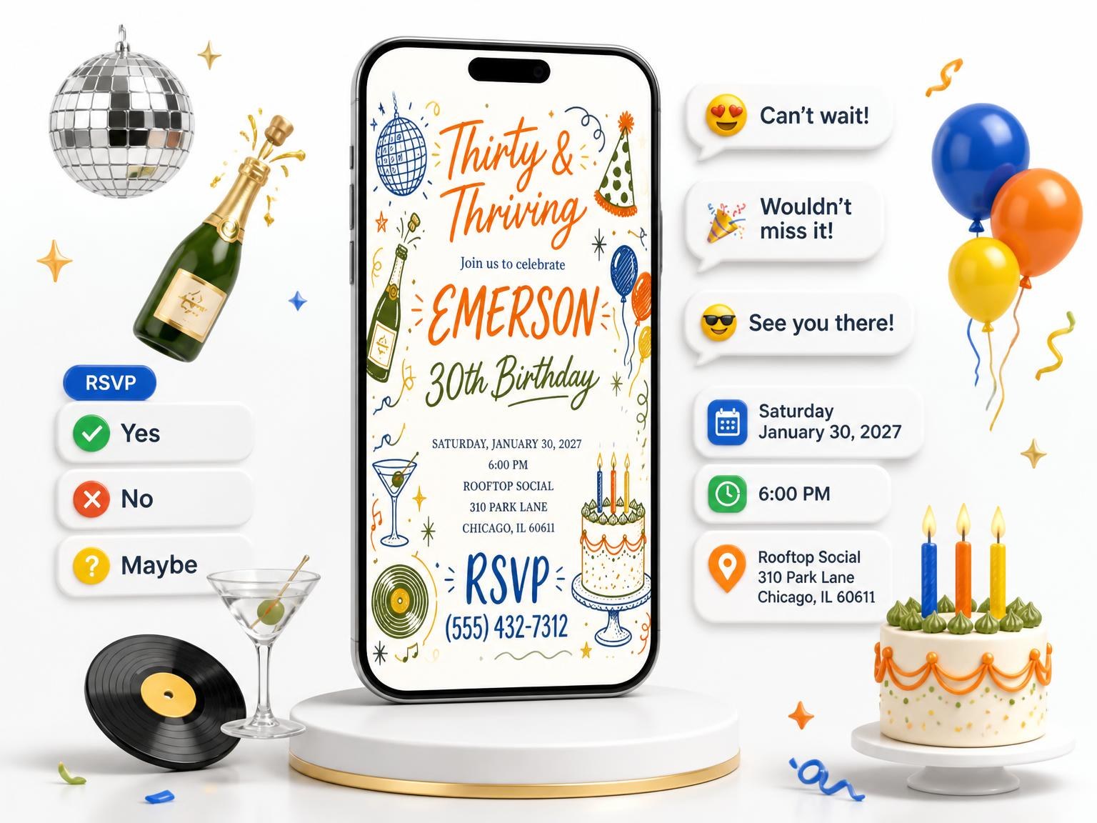 The Retro Doodle 30th Birthday Invitation invitation on a phone, with guest RSVPs arriving around it