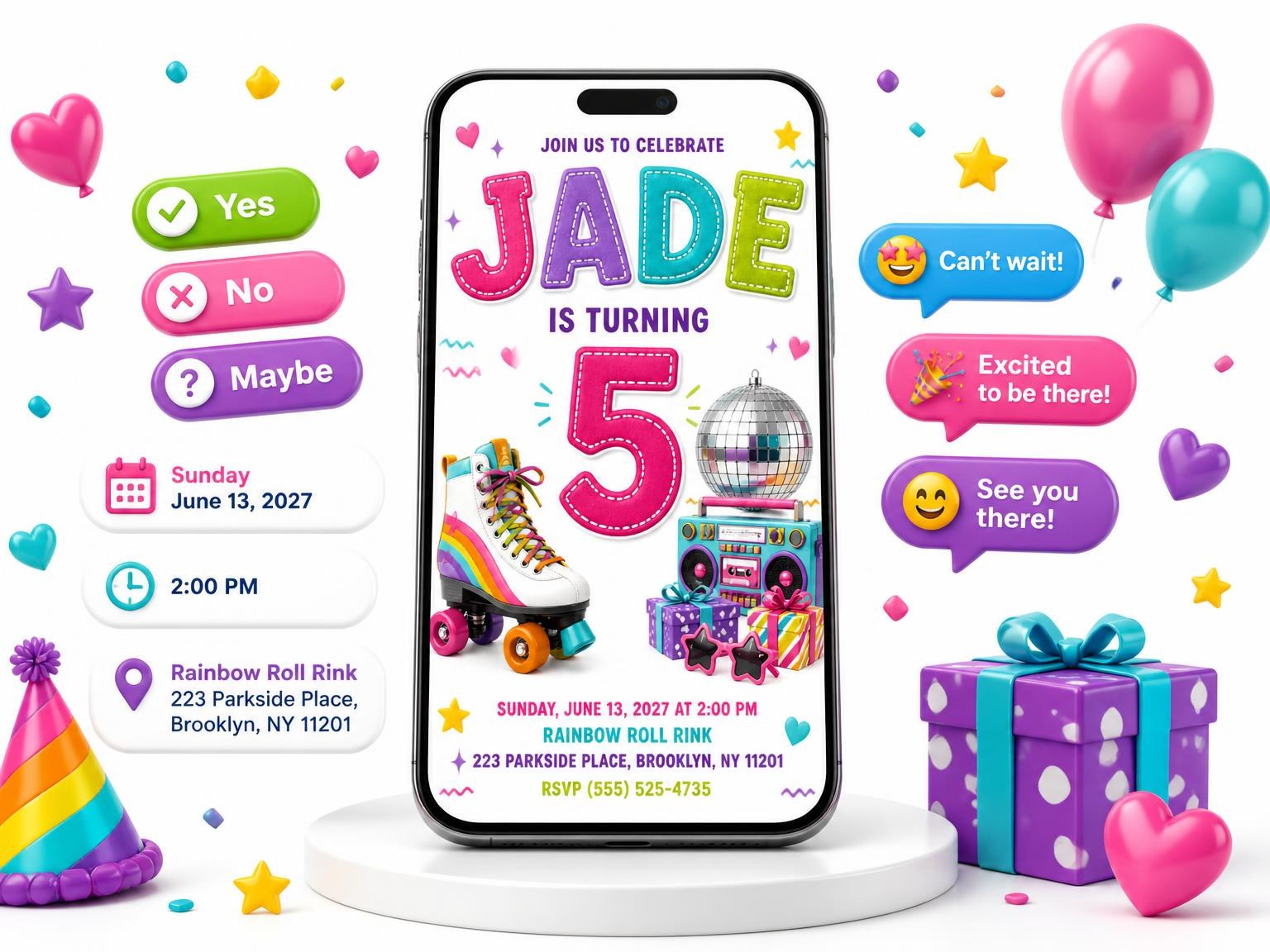 The Disco Ball Stitched 5th Birthday Invitation invitation on a phone, with guest RSVPs arriving around it