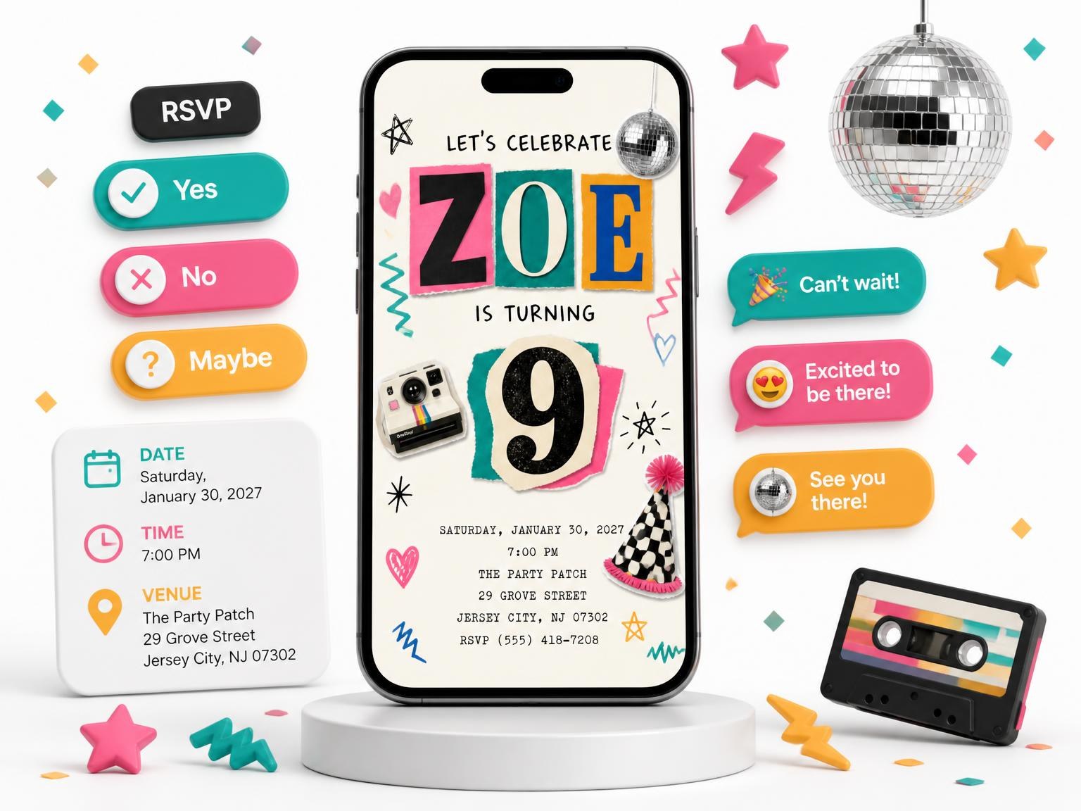 The Retro Paper Collage 9th Birthday Invitation invitation on a phone, with guest RSVPs arriving around it
