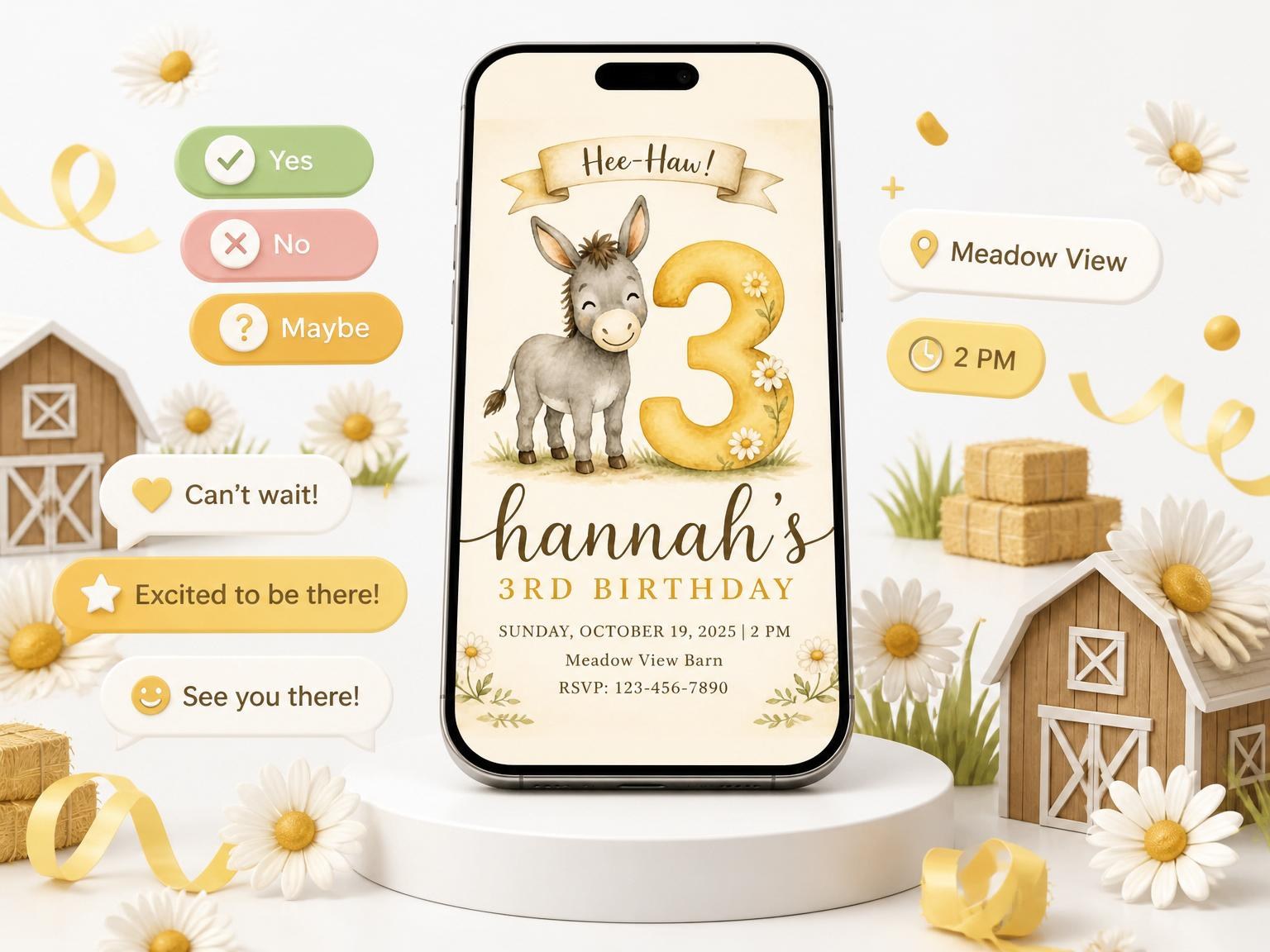 The Watercolor Donkey Daisy 3rd Birthday invitation on a phone, with guest RSVPs arriving around it