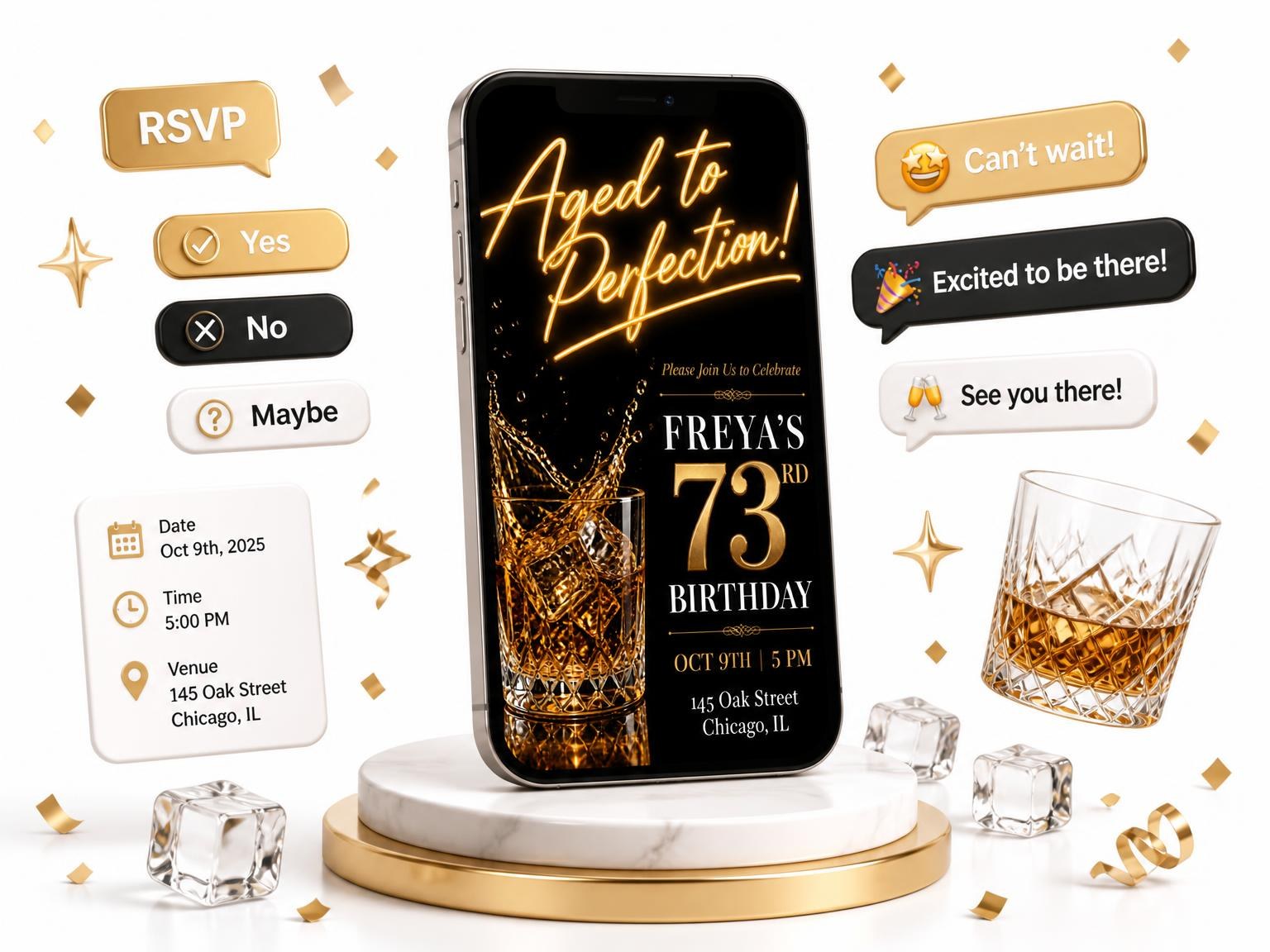 The Crystal Whiskey 73rd Birthday Invitation invitation on a phone, with guest RSVPs arriving around it