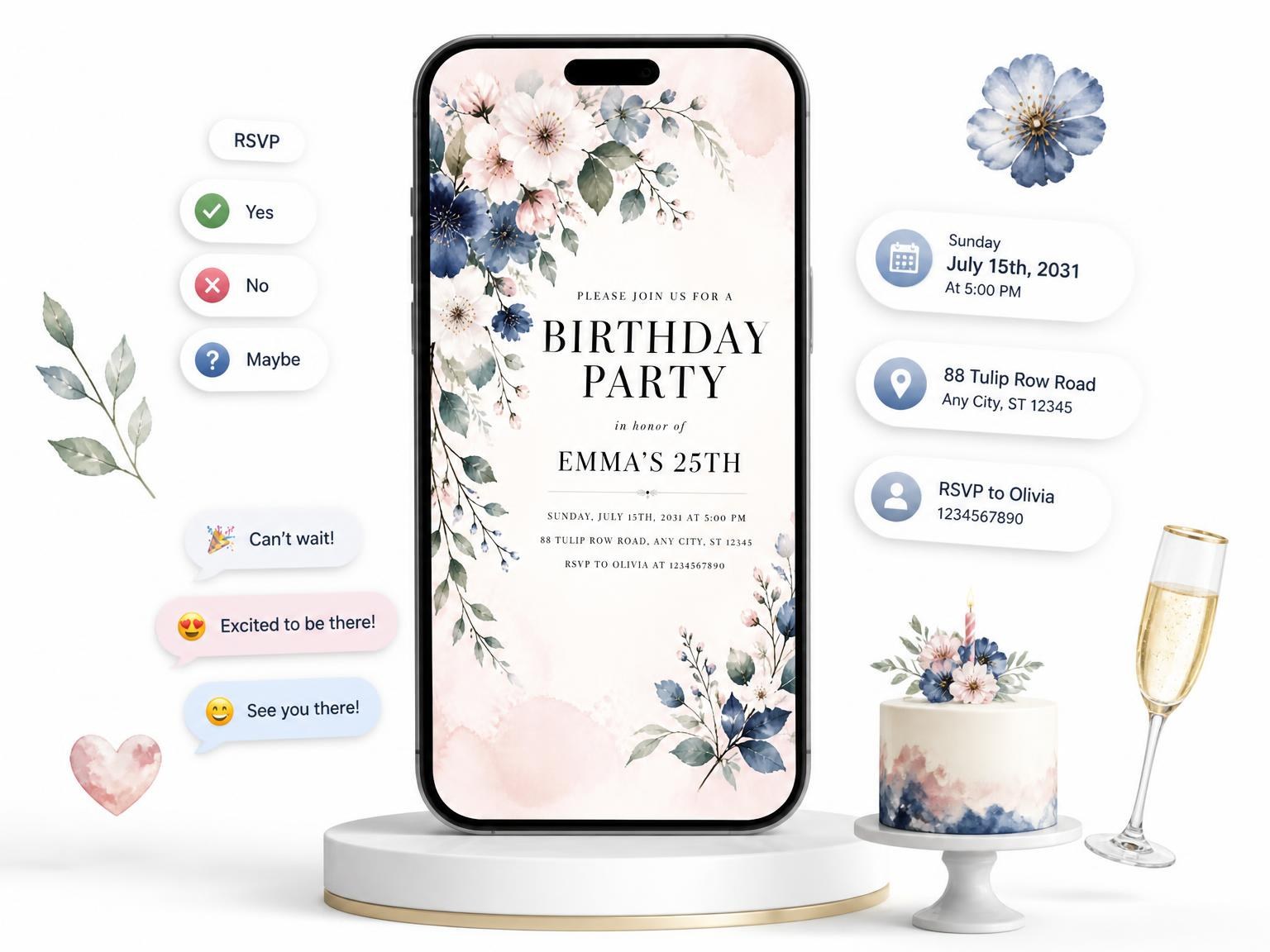 The Floral Branch Dusty Blue 25th Birthday Invitation invitation on a phone, with guest RSVPs arriving around it