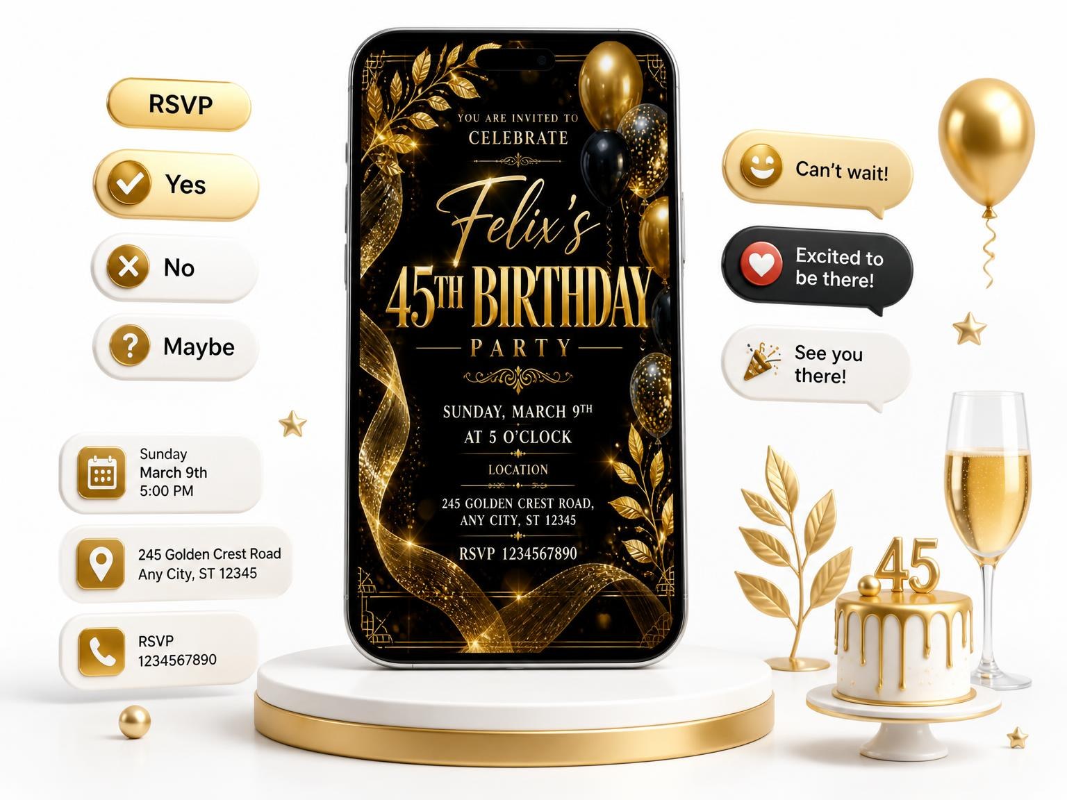 The Black and Gold 45th Birthday Invitation invitation on a phone, with guest RSVPs arriving around it