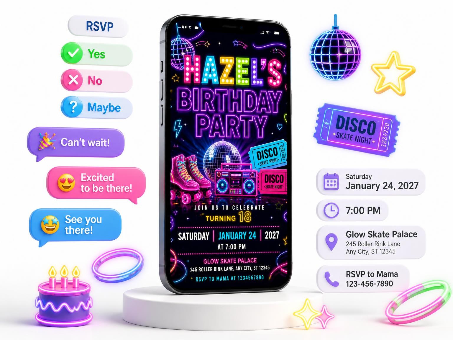 The Neon Roller Disco 18th Birthday Invitation invitation on a phone, with guest RSVPs arriving around it