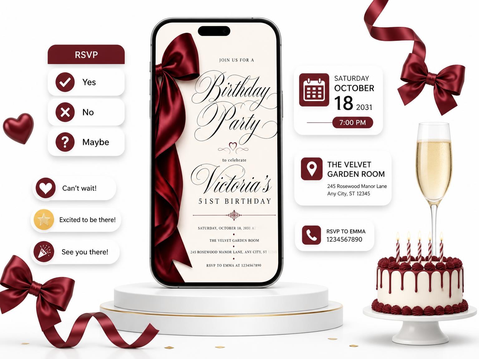 The Burgundy Satin Bow 51st Birthday Invitation invitation on a phone, with guest RSVPs arriving around it