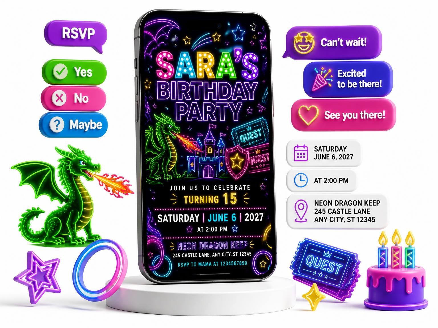 The Neon Dragon 15th Birthday Invitation invitation on a phone, with guest RSVPs arriving around it