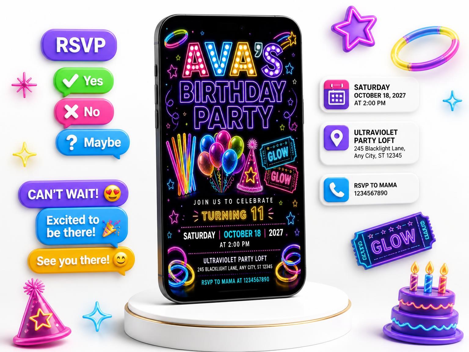 The Neon Glow Party 11th Birthday Invitation invitation on a phone, with guest RSVPs arriving around it