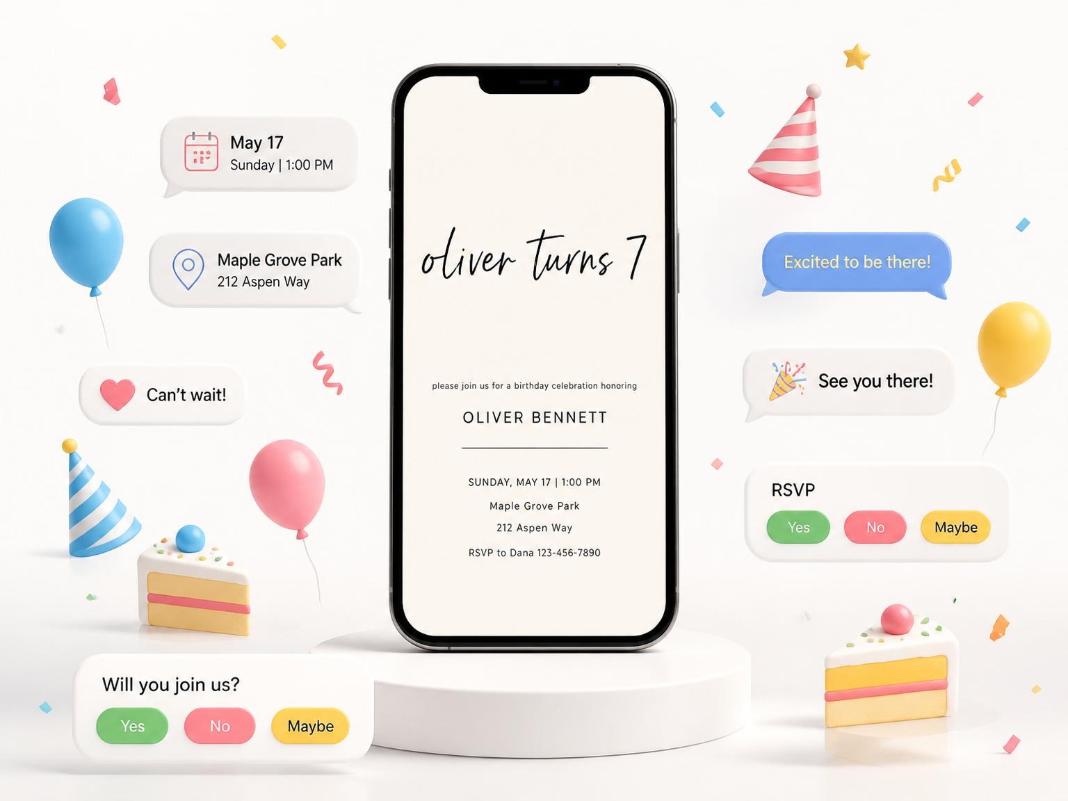 The Cream Minimalist Typography 7th Birthday Invitation invitation on a phone, with guest RSVPs arriving around it