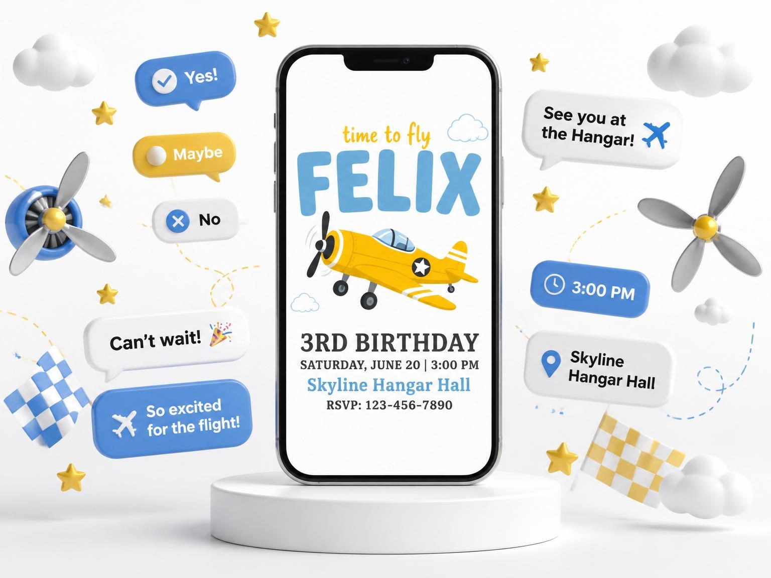 The Yellow Airplane Sky 3rd Birthday Invitation invitation on a phone, with guest RSVPs arriving around it