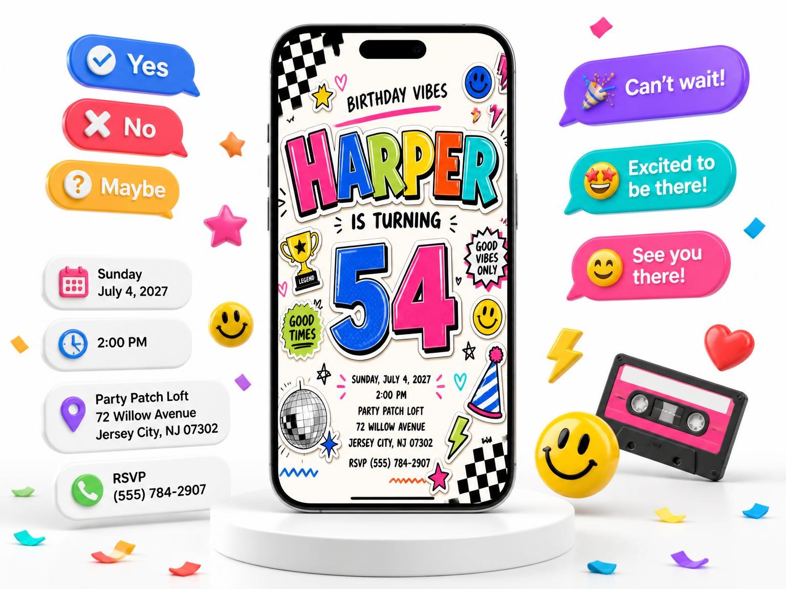 The Sticker Pop 54th Birthday Invitation invitation on a phone, with guest RSVPs arriving around it