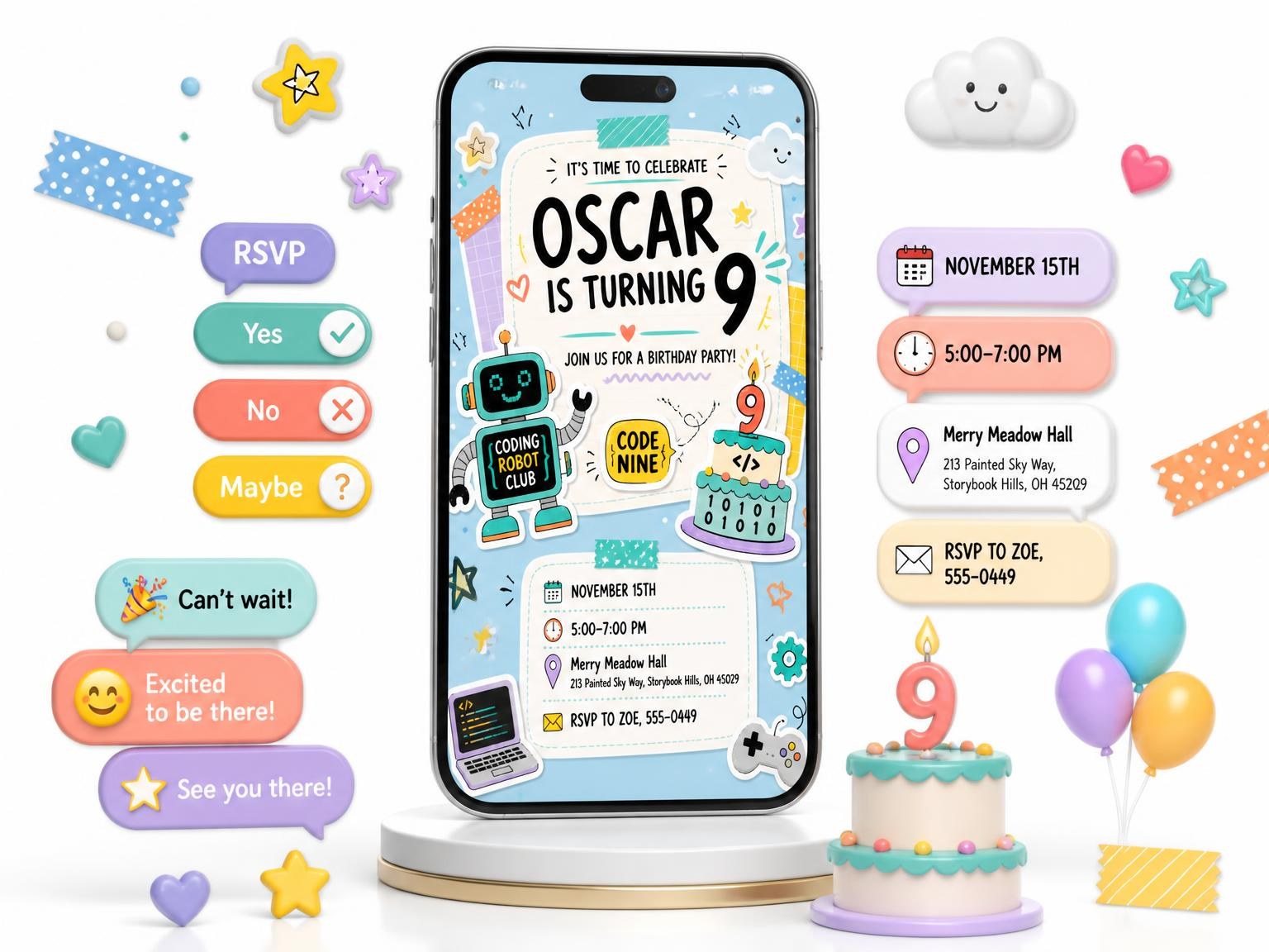 The Robot Pastel Scrapbook 9th Birthday Invitation invitation on a phone, with guest RSVPs arriving around it