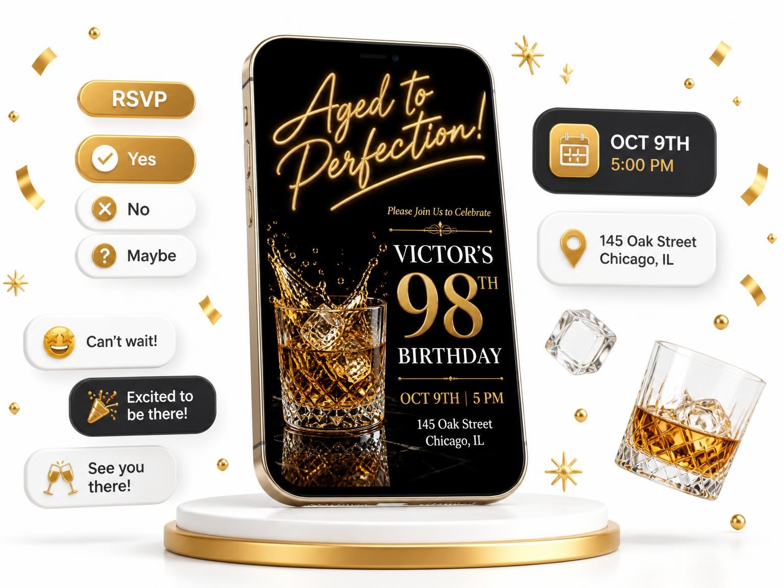 The Crystal Whiskey 98th Birthday Invitation invitation on a phone, with guest RSVPs arriving around it