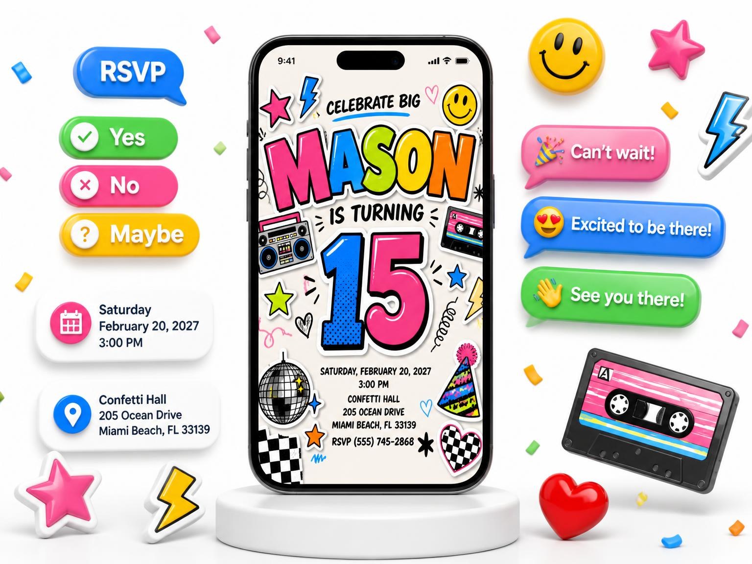 The Sticker Pop 15th Birthday Invitation invitation on a phone, with guest RSVPs arriving around it