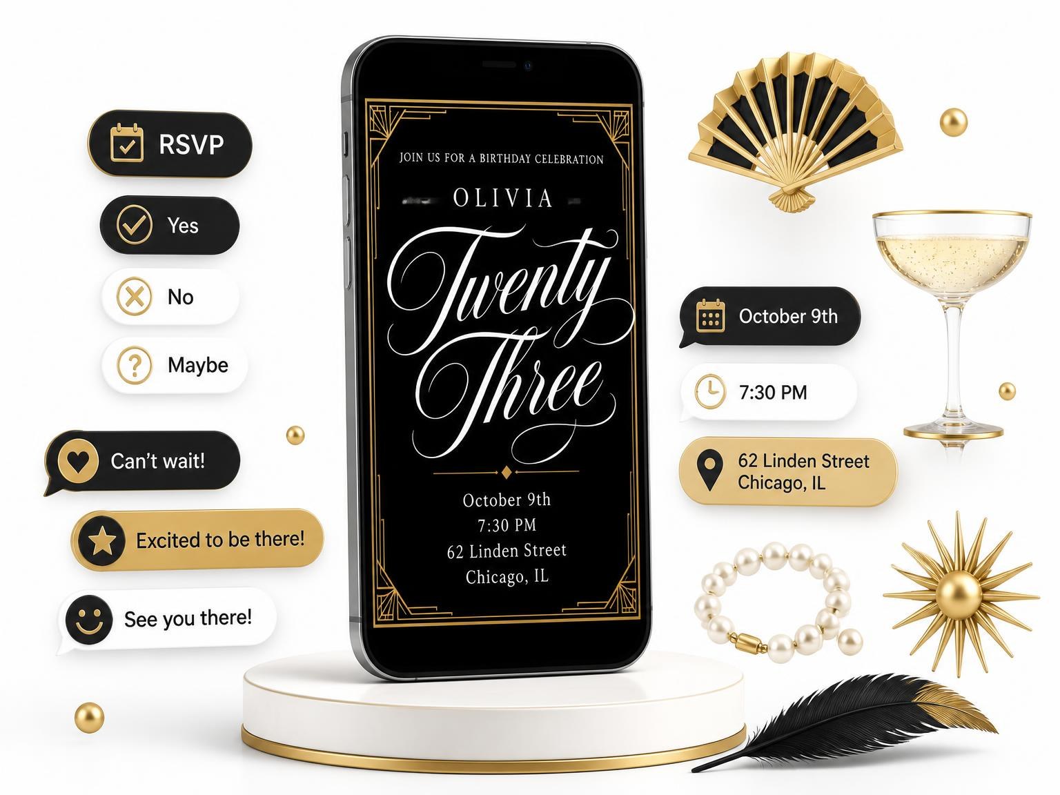 The Art Deco 23rd Birthday Invitation invitation on a phone, with guest RSVPs arriving around it