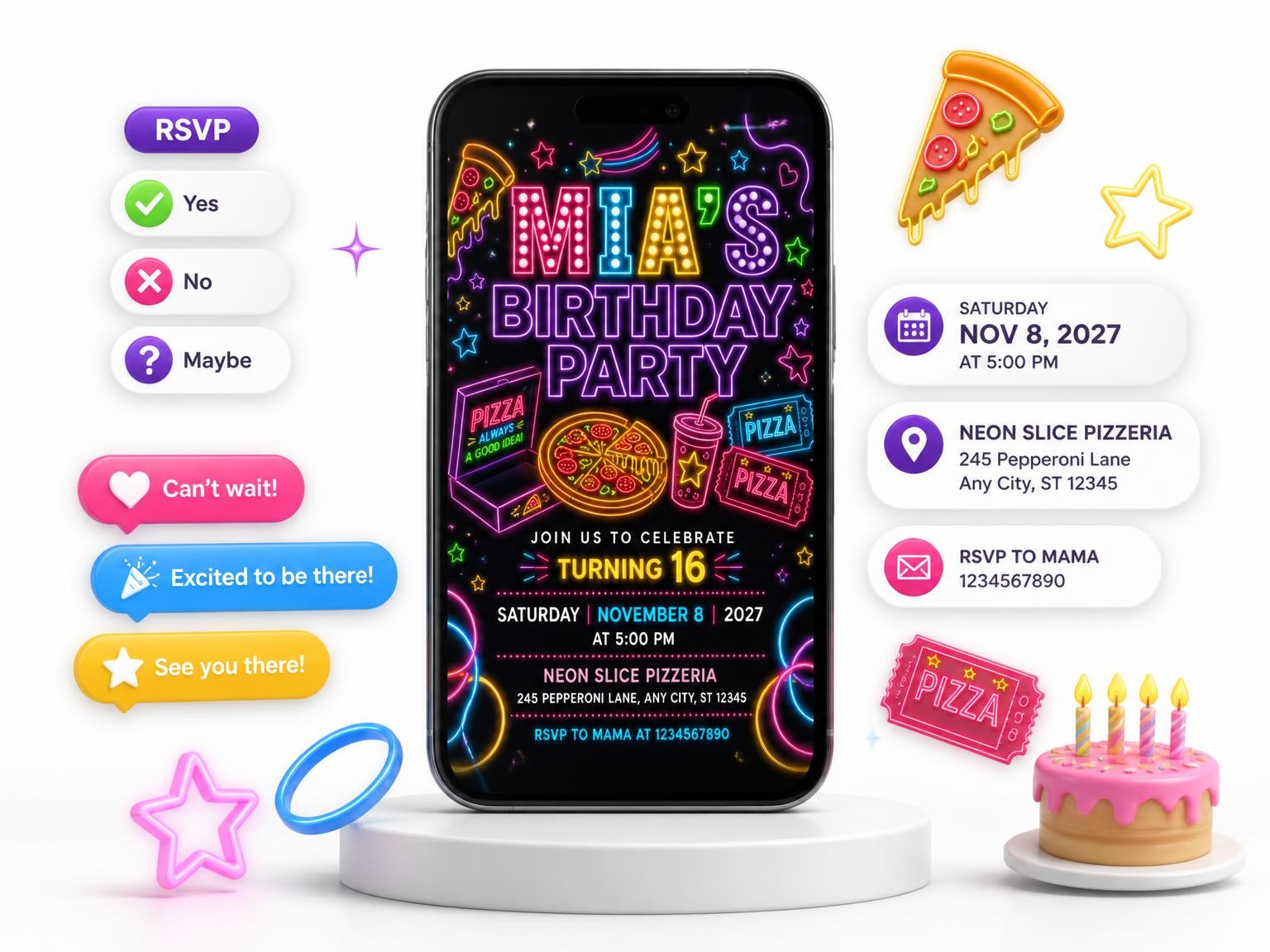 The Neon Pizza 16th Birthday Invitation invitation on a phone, with guest RSVPs arriving around it