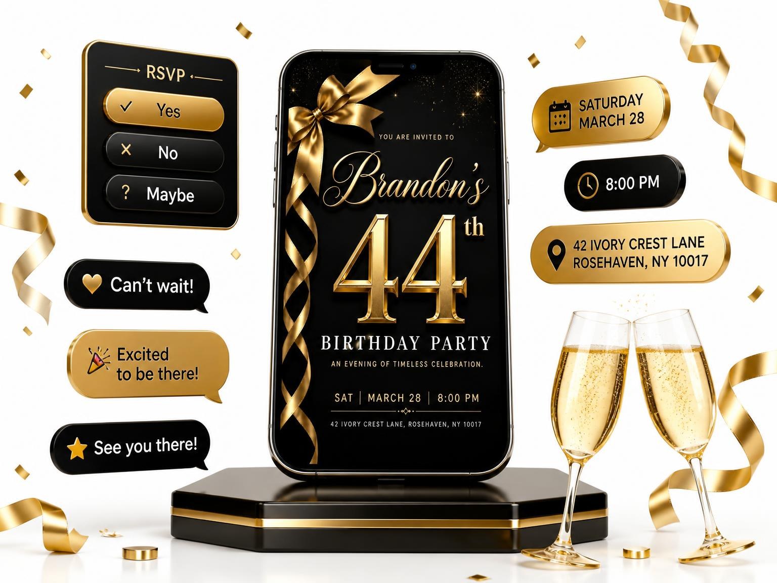 The Black and Gold Ribbon 44th Birthday invitation on a phone, with guest RSVPs arriving around it