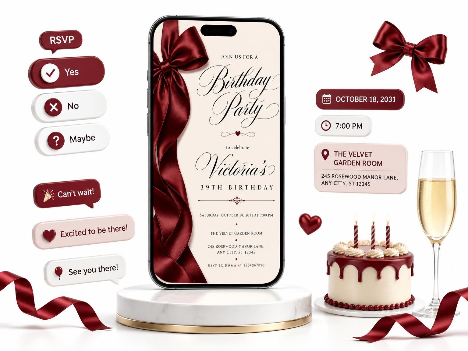 The Burgundy Satin Bow 39th Birthday Invitation invitation on a phone, with guest RSVPs arriving around it