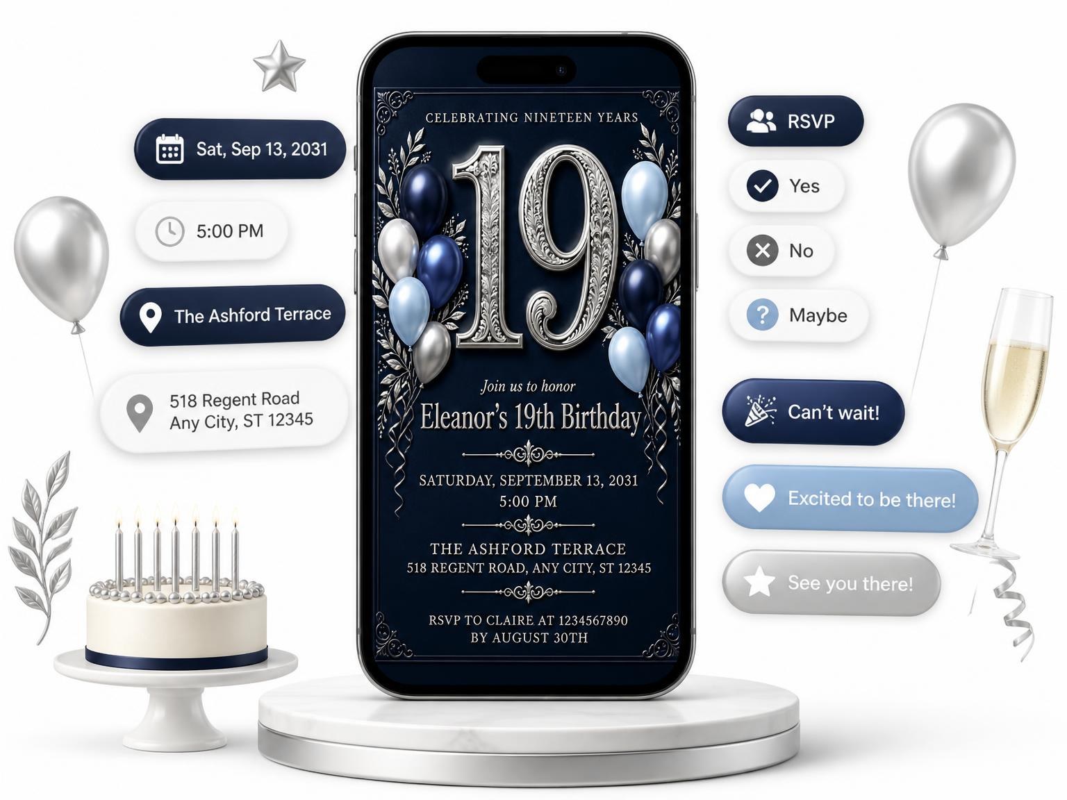 The Navy and Silver 19th Birthday Invitation invitation on a phone, with guest RSVPs arriving around it
