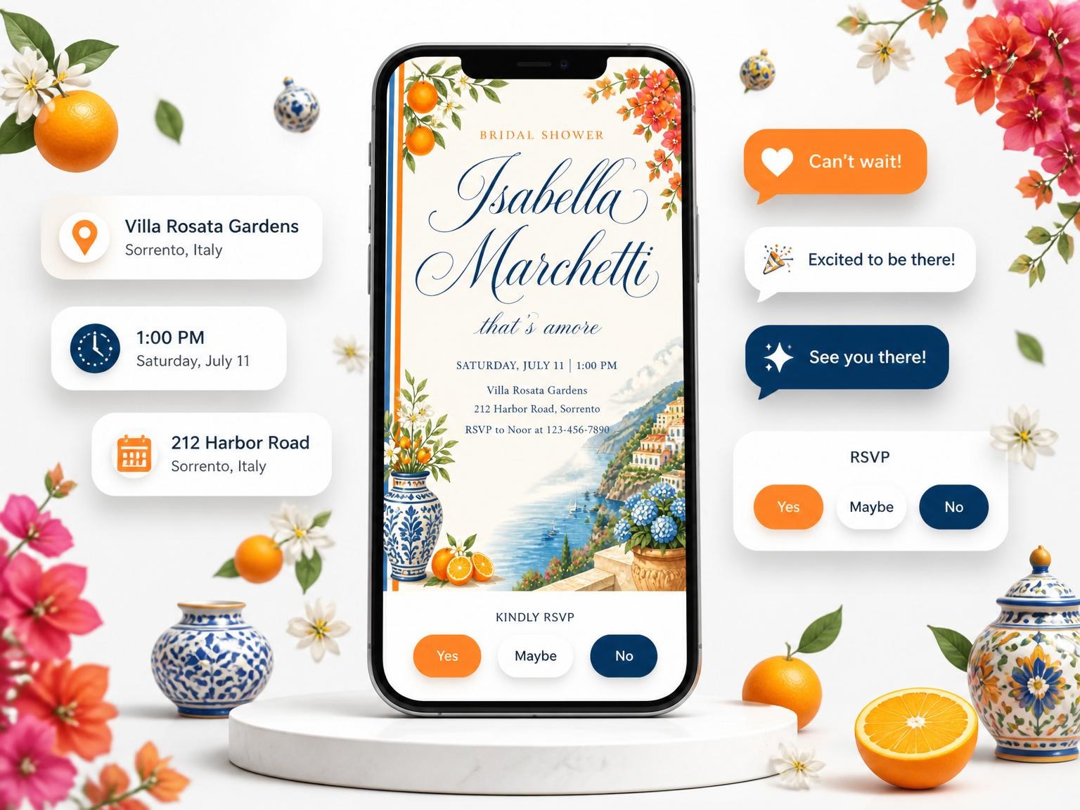 The Watercolor Citrus Amalfi Coast Bridal Shower invitation on a phone, with guest RSVPs arriving around it