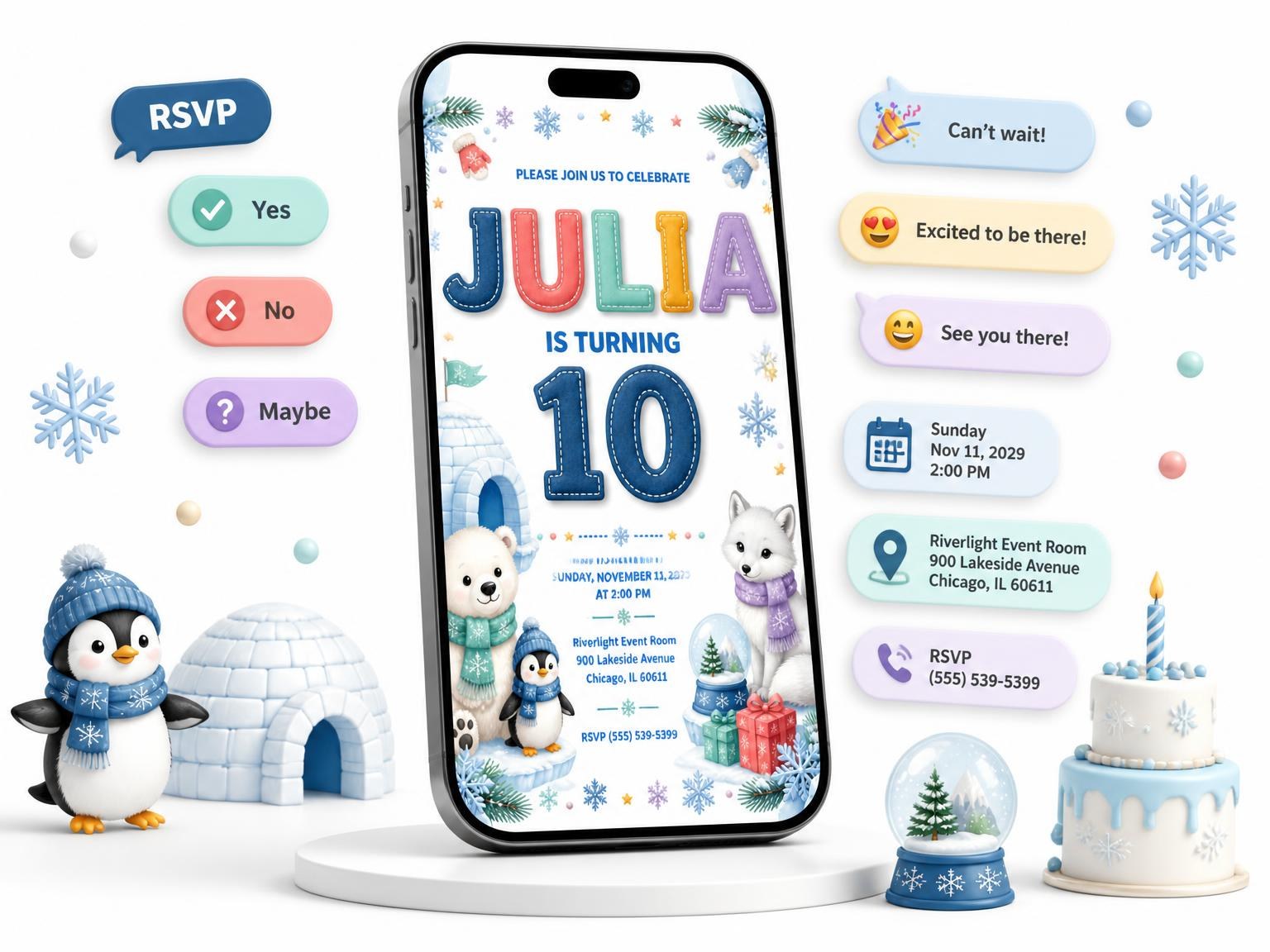 The Stitched Winter Polar 10th Birthday Invitation invitation on a phone, with guest RSVPs arriving around it