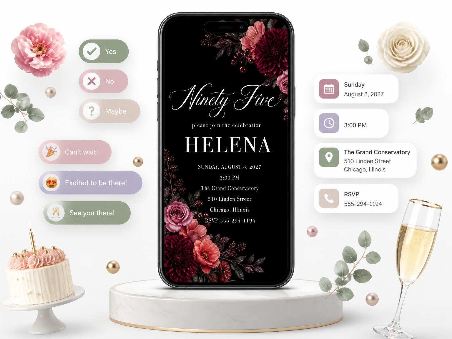 The Black Floral 95th Birthday Invitation invitation on a phone, with guest RSVPs arriving around it