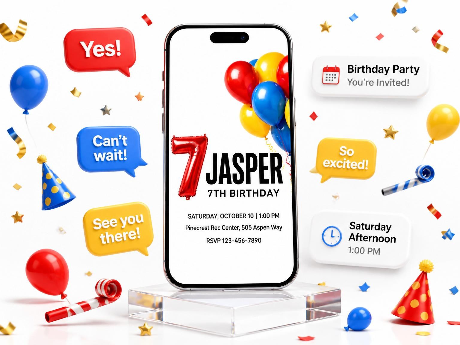 The Primary Balloon Foil Number 7th Birthday invitation on a phone, with guest RSVPs arriving around it