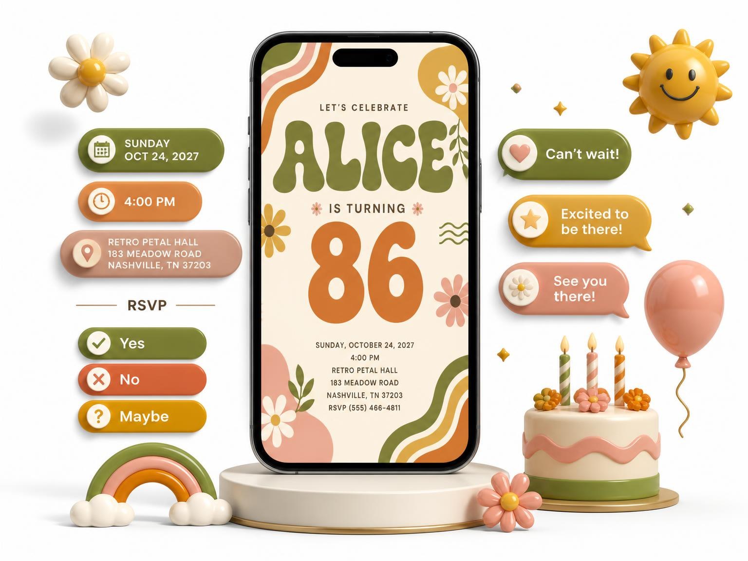 The Groovy Retro 86th Birthday Invitation invitation on a phone, with guest RSVPs arriving around it