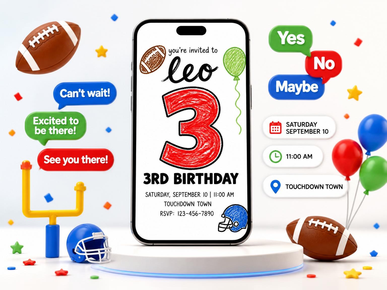 The Crayon Football Illustration 3rd Birthday invitation on a phone, with guest RSVPs arriving around it