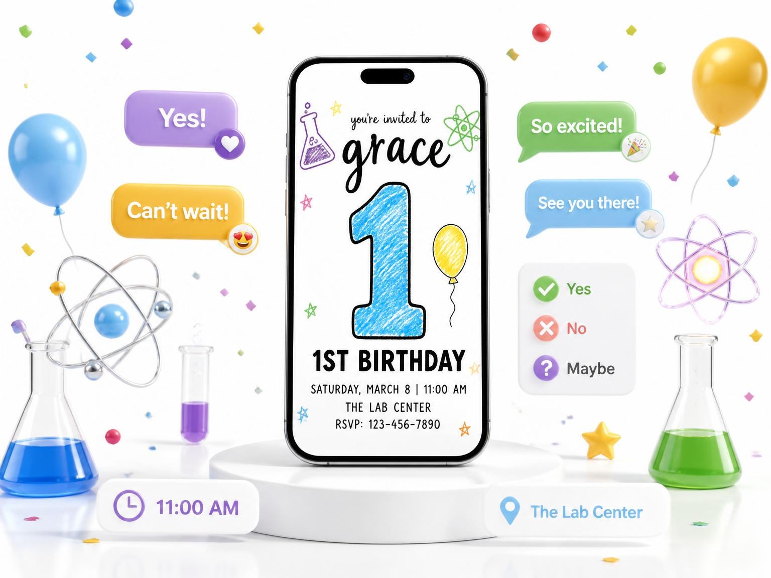 The Crayon Science Lab 1st Birthday invitation on a phone, with guest RSVPs arriving around it