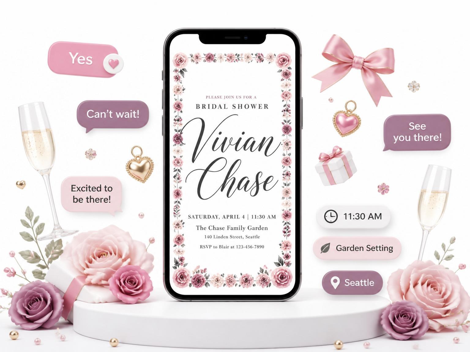 The Dusty Rose Watercolor Bridal Shower invitation on a phone, with guest RSVPs arriving around it