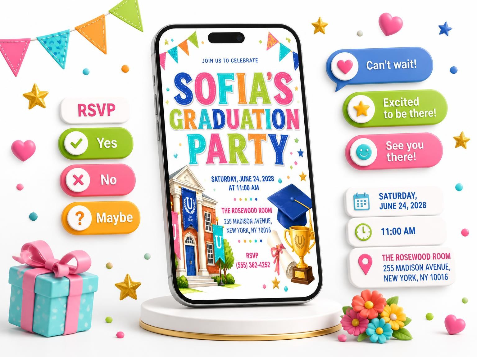 The University Campus Graduation Invitation invitation on a phone, with guest RSVPs arriving around it