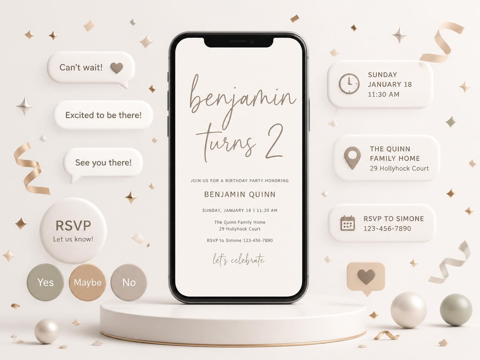 The Cream Brown Minimalist Toddler 2nd Birthday invitation on a phone, with guest RSVPs arriving around it