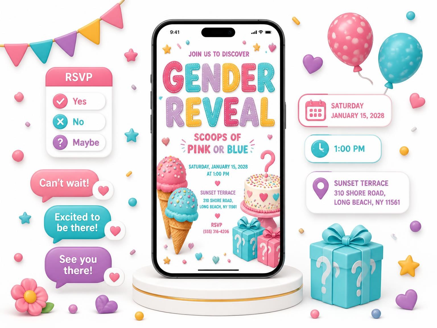The Ice Cream Scoops Gender Reveal Invitation invitation on a phone, with guest RSVPs arriving around it