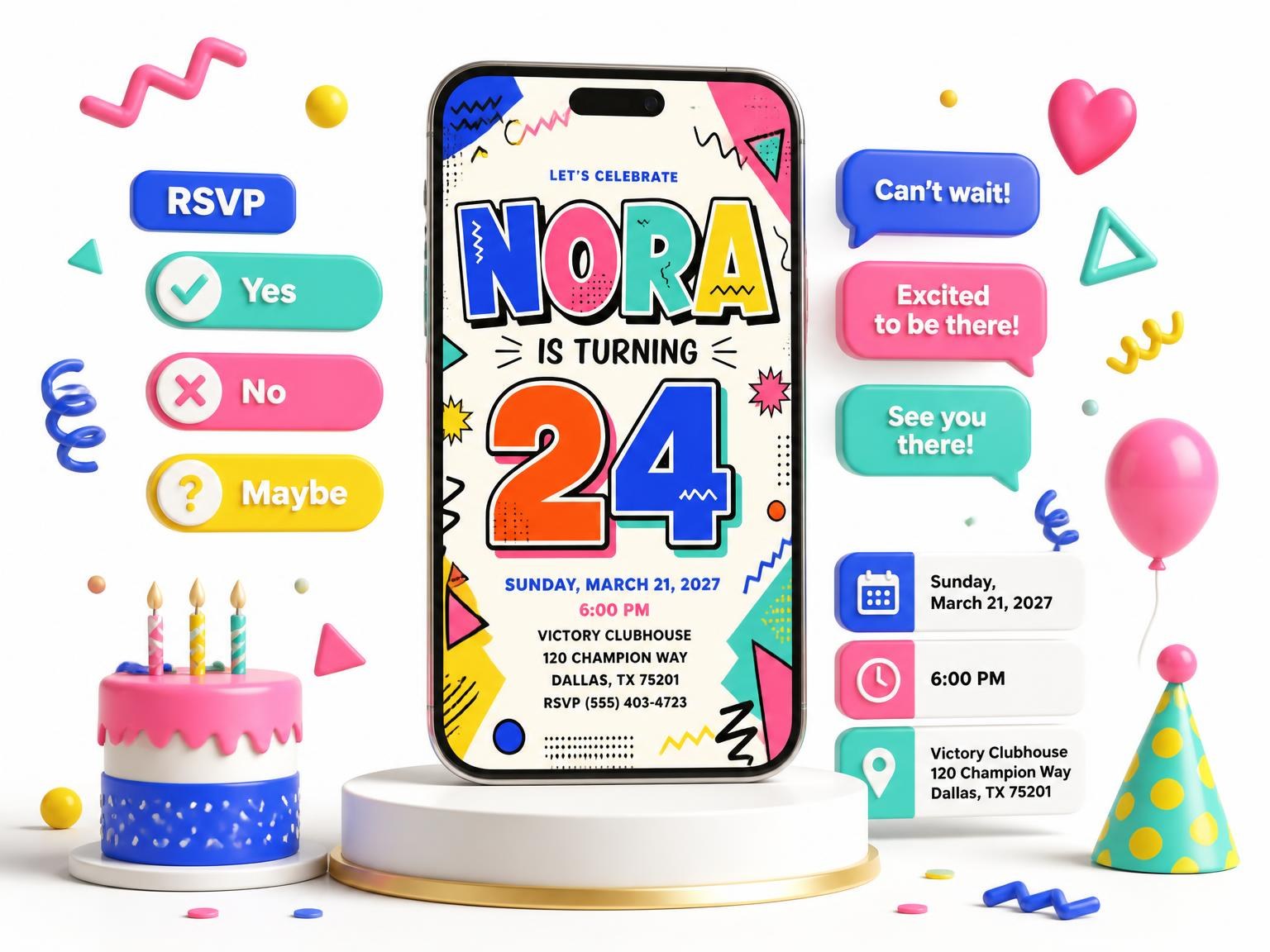 The Memphis Pop 24th Birthday Invitation invitation on a phone, with guest RSVPs arriving around it